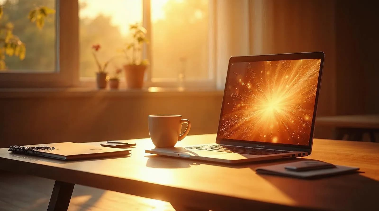 Ruime werkplek met gloeiend laptopscherm in warm zonlicht als beeld voor AI in webdesign en websitebouw