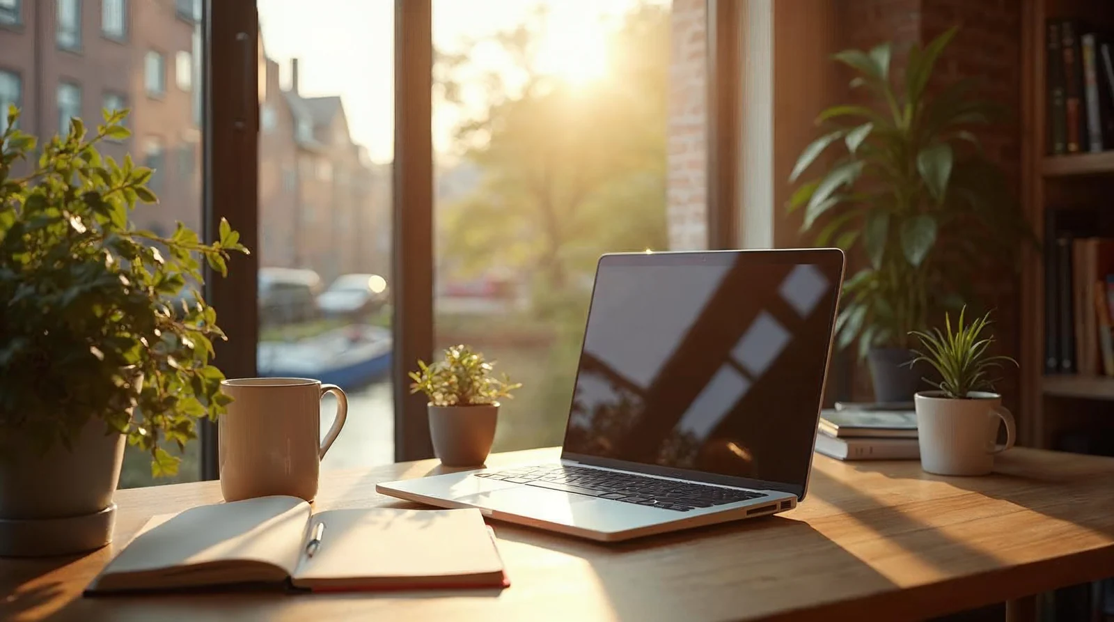 Lichte creatieve studio in Arnhem met bureau, laptop en groen, editorial sfeerbeeld over lokaal webdesign en strategie