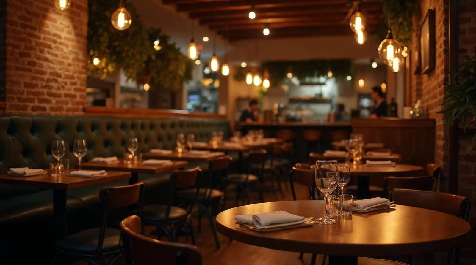 Warm verlicht restaurantinterieur bij schemer met gedekte houten tafels en zachte hanglampen, sfeerbeeld voor een restaurantwebsite laten maken